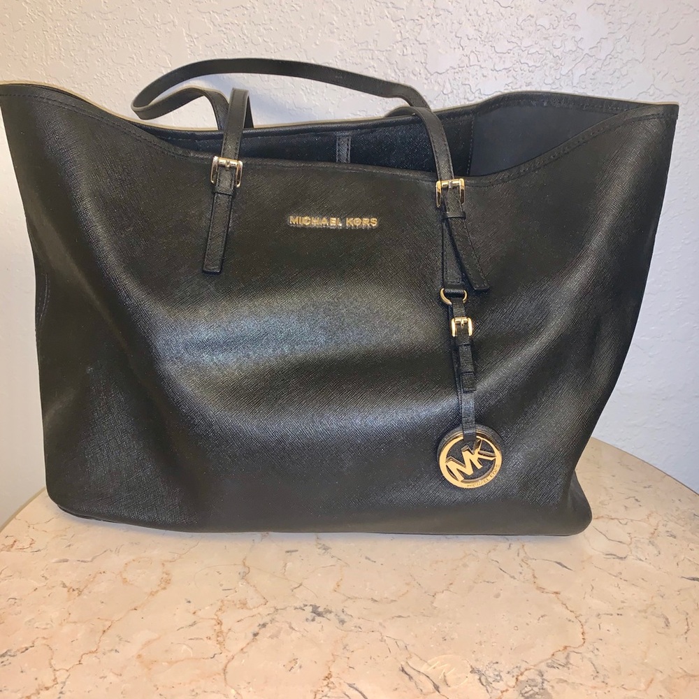 Michael Kors Black Leather Tote with Gold Logo Charm